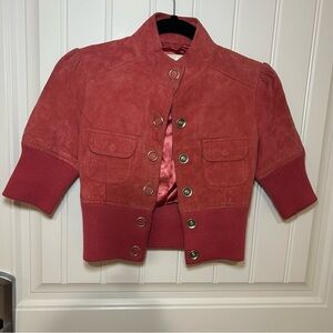 Y2K 2000s Guess pink Suede Cropped Leather Short Sleeve Bomber Jacket Size XS